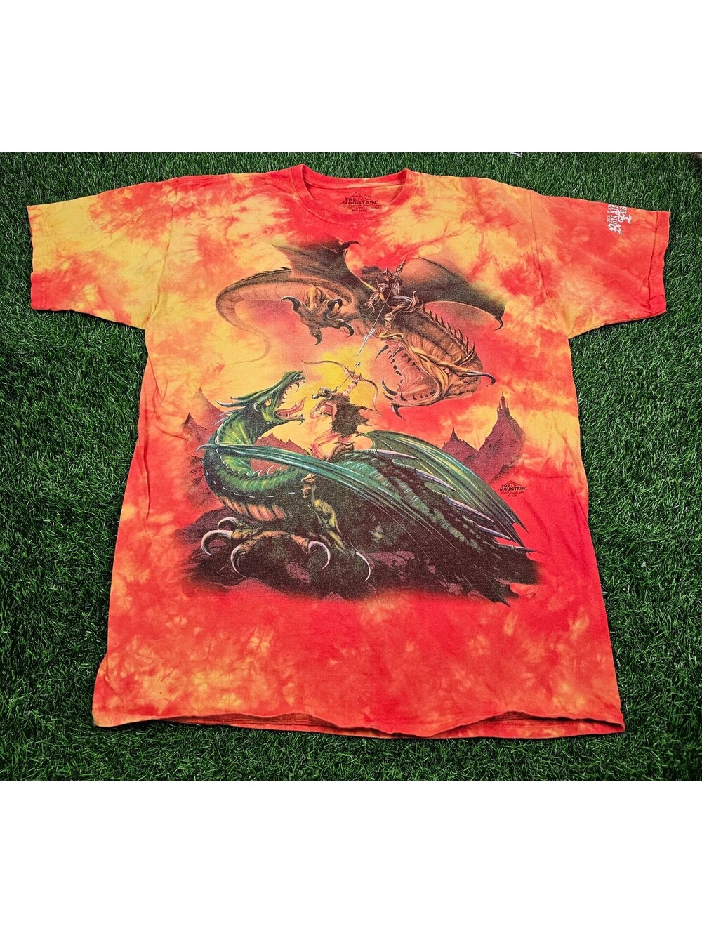 Vtg 2000s Tie-Dye Dragon Battle Graphic T-Shirt The Mountain Size XL